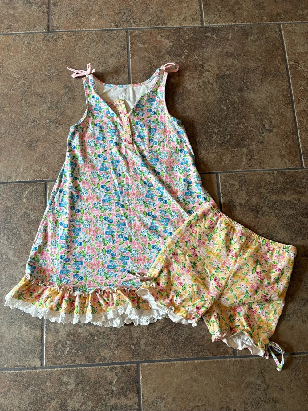 Sweet Honey Pink Floral Trim Nightdress with Blue & Green Accents